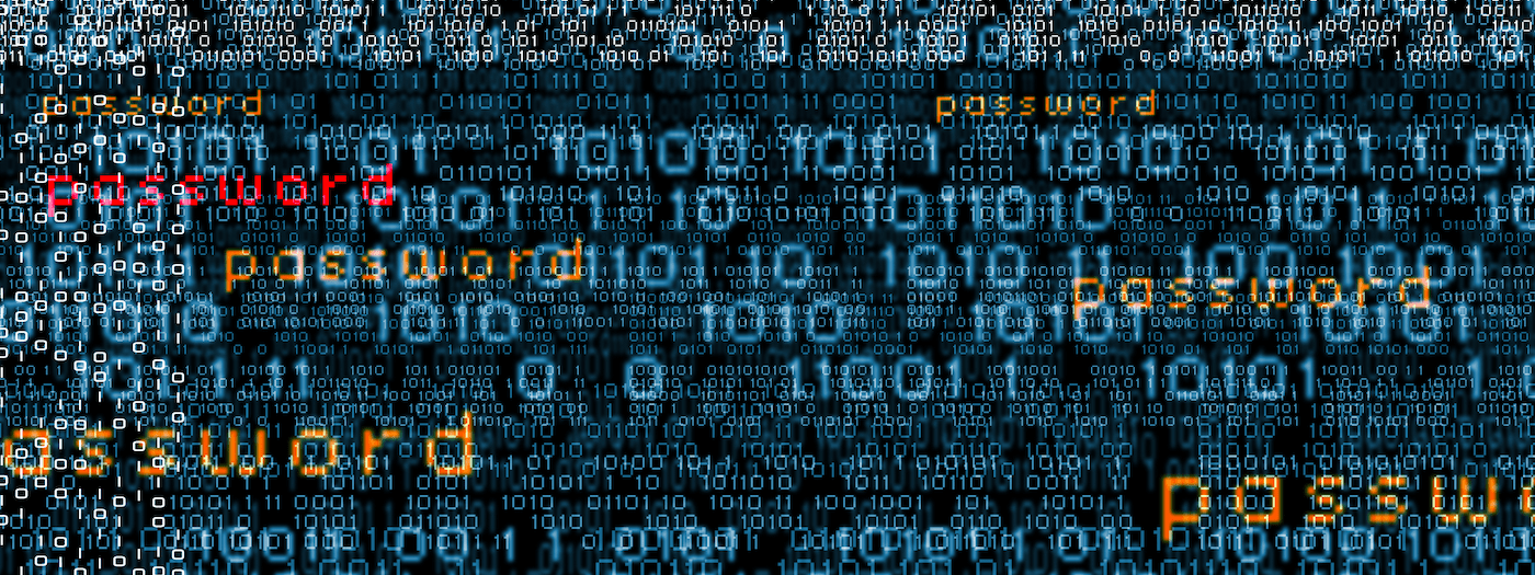 Righe di codice binario (uno e zero) riempiono lo sfondo, con la parola "password" evidenziata ripetutamente in vari colori, a simboleggiare la sicurezza dei dati e la vulnerabilità delle password.