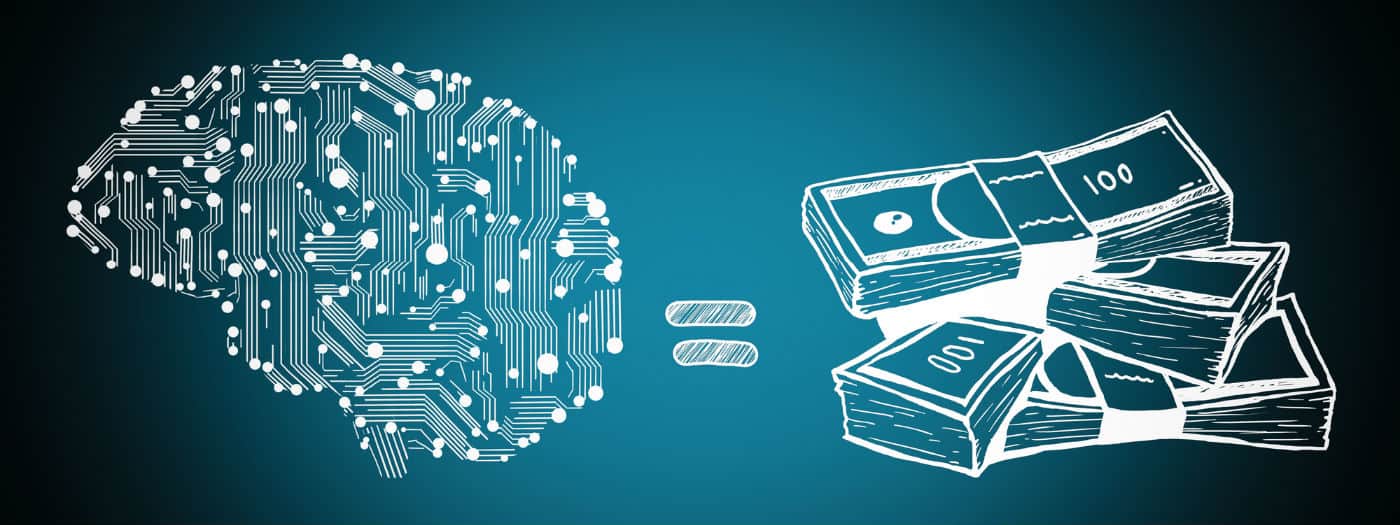 L'illustrazione di un cervello digitale sulla sinistra, composto da schemi di circuiti, che rappresentano la tecnologia o l'intelligenza artificiale, equivale a pile di denaro sulla destra, evidenziando il concetto di tecnologia che genera valore finanziario.