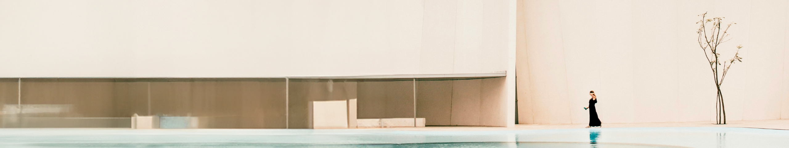 Una persona con un lungo abito nero cammina lungo il bordo di una piscina serena e poco profonda con un'architettura minimalista e un albero spoglio sullo sfondo. La scena è calma ed elegante.
