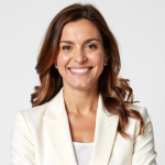 Una donna con capelli castani ondulati, che indossa un blazer bianco e un top bianco, sorride fiduciosa alla telecamera su uno sfondo chiaro.
