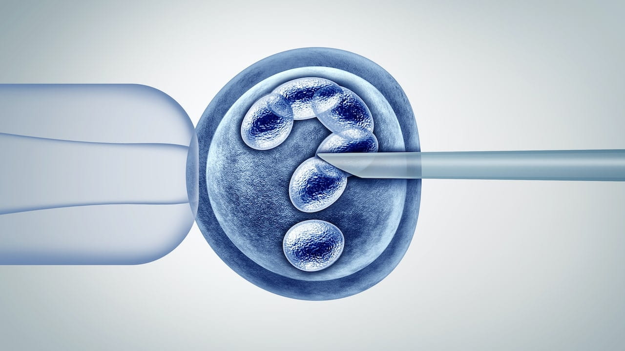 Una cellula uovo viene iniettata con un ago, formando una forma di punto interrogativo all'interno, che rappresenta un concetto di modifica genetica o procedure sperimentali in biotecnologia. Lo sfondo è azzurro e bianco.