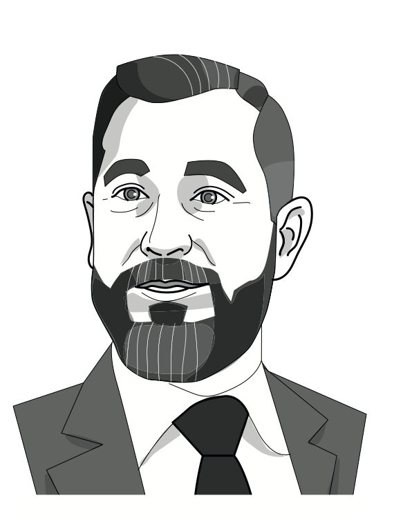 Illustrazione in bianco e nero di un uomo con barba, vestito con giacca e cravatta, che guarda leggermente di lato. Lo stile presenta linee e ombreggiature audaci.