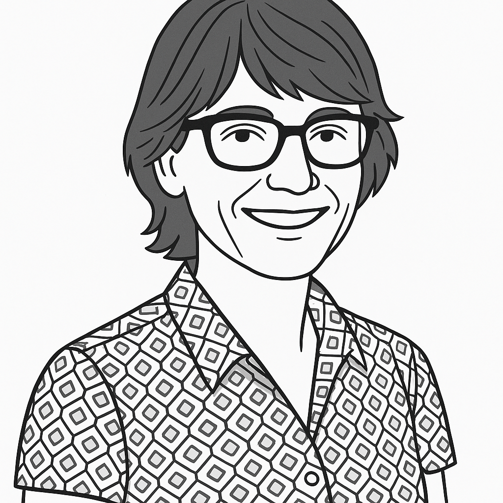 Black and white illustration of a smiling person with short hair and glasses, wearing a patterned shirt with a geometric diamond design.