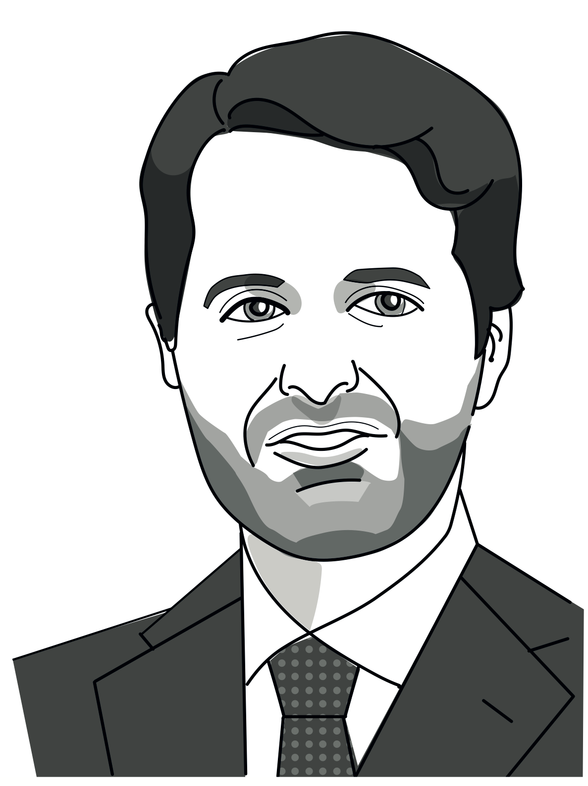 Black and white illustration of a man in a suit and tie with short, dark hair and a trimmed beard, looking forward with a neutral expression. The background is white.