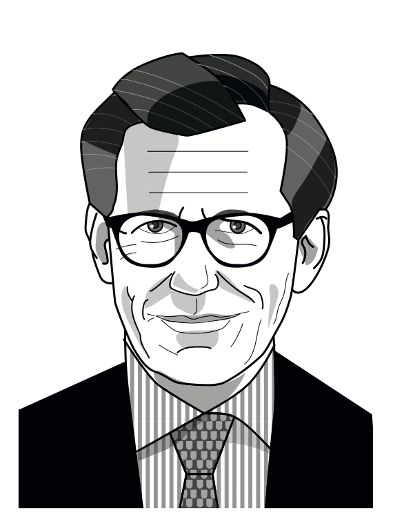 Illustrazione in bianco e nero di una persona che indossa occhiali, un abito e una cravatta. I capelli della persona sono ben acconciati e ha un'espressione sicura. Lo stile è semplicistico e cartoonesco.