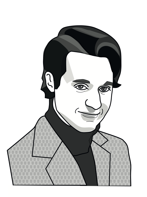 Illustrazione in bianco e nero di un uomo con i capelli divisi da una riga laterale che indossa una giacca con fantasia e un dolcevita nero. Sta sorridendo leggermente ed è inquadrato da uno sfondo bianco semplice.