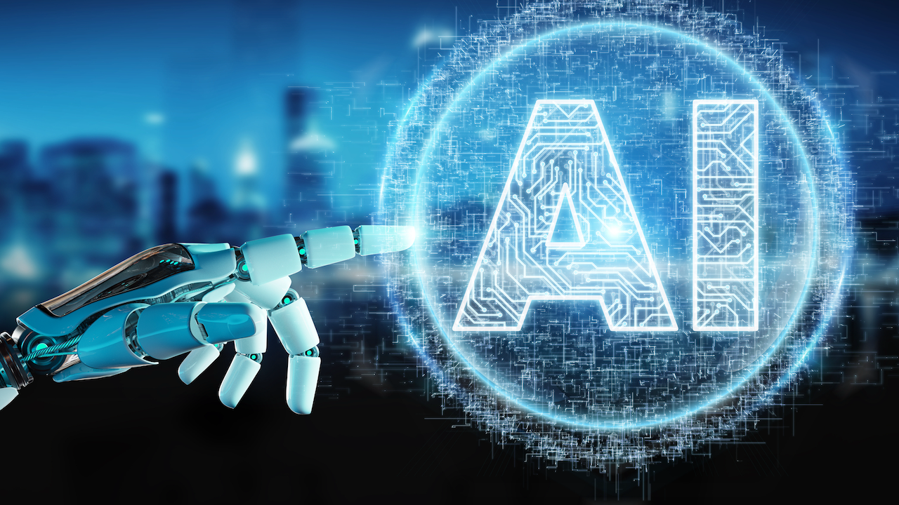 Una mano robotica indica un testo luminoso con la scritta "AI" (intelligenza artificiale) in stile circuito sullo sfondo di uno skyline cittadino sfocato, a simboleggiare il potenziale all'avanguardia dell'intelligenza artificiale e della tecnologia avanzata.
