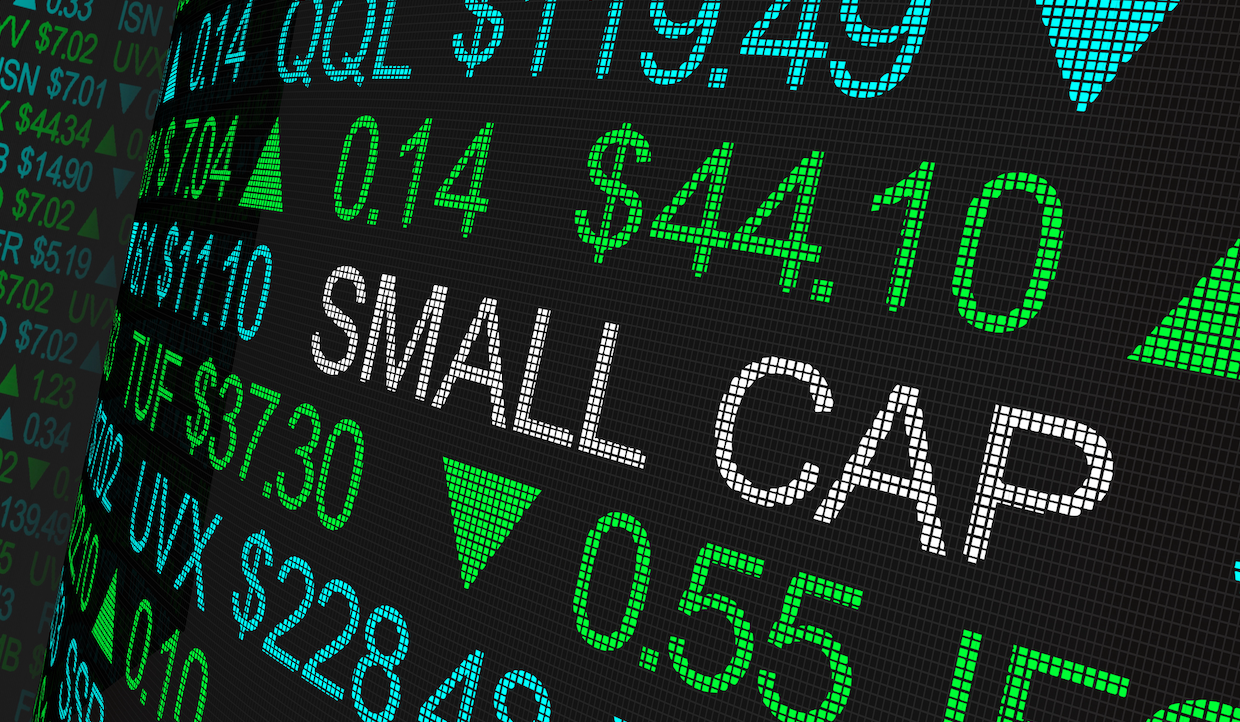 Il display del mercato azionario mostra cifre finanziarie con "SMALL CAP" in evidenza in testo bianco. Numeri come 44,10 e 0,55, accompagnati da frecce verdi e rosse, indicano le variazioni del prezzo delle azioni, il tutto su uno sfondo digitale scuro.