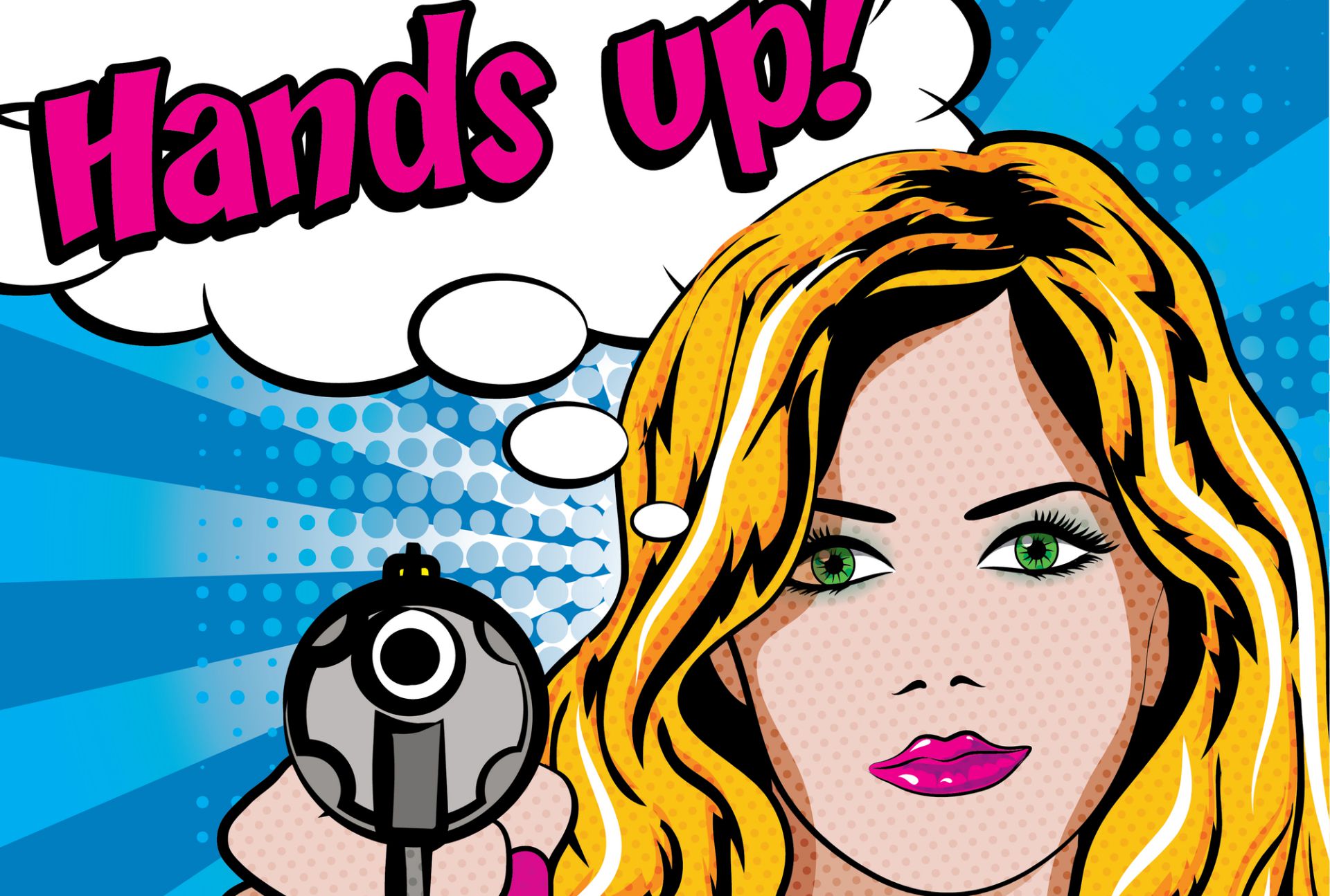 Art e mafia, Immagine in stile pop art di una donna con capelli biondi e labbra rosa acceso, che tiene una pistola puntata in avanti. Ha un fumetto con la scritta "Mani in alto!" su uno sfondo blu punteggiato.