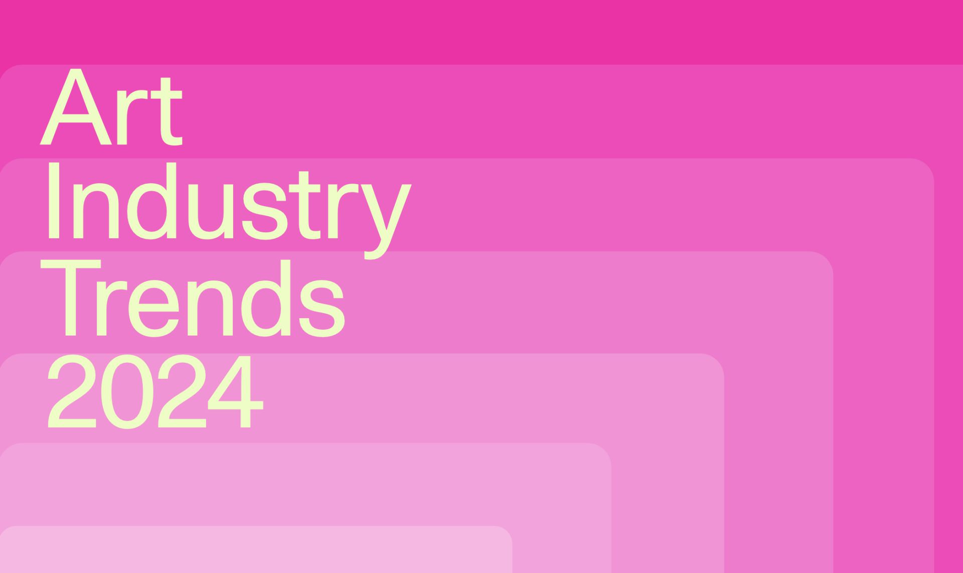 Uno sfondo sfumato rosa con testo giallo recita "Art Industry Trends 2024" sul lato sinistro. Si tratta di un report sui giovani collezionisti nel 2024, disposti a pagare a rate le opere d'arte. L'effetto stratificato di più tonalità di rettangoli rosa aggiunge profondità, soddisfacendo i giovani collezionisti che cercano un'estetica moderna e vibrante.