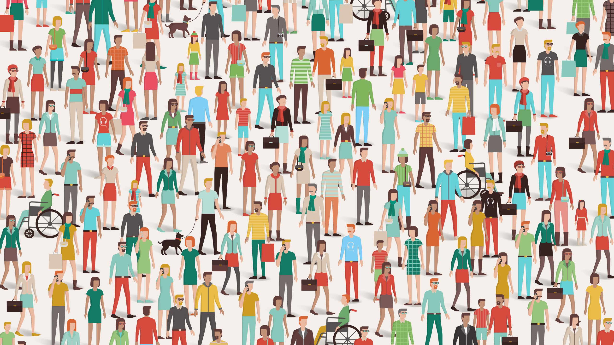 Illustrazione di una folla eterogenea di persone in vari abiti, alcune con accessori come borse e cappelli. Alcune persone usano sedie a rotelle o portano a spasso i cani. Lo sfondo è bianco, per mettere in risalto gli abiti colorati e le varie attività del gruppo.