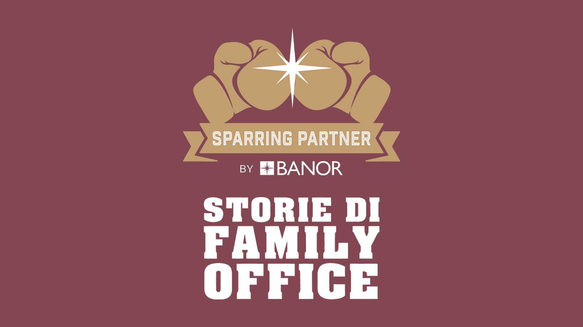 Uno striscione color porpora con due guantoni da boxe, separati da una stella, in cima a un nastro con la scritta "Sparring Partner by Banor". Sotto, il testo recita "Storie di Family Office.