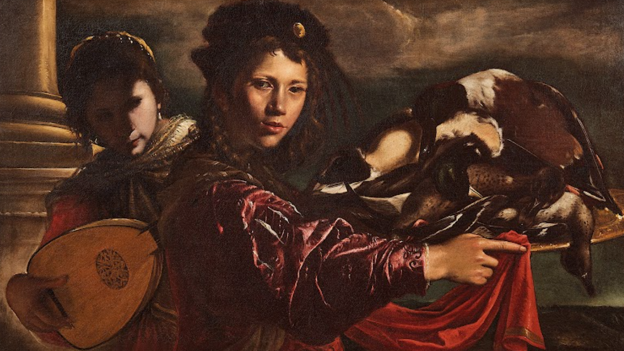 Un dipinto rinascimentale raffigura due figure. La figura centrale, che indossa un indumento rosso, tiene in mano un bottino di caccia con degli uccelli. La seconda figura, parzialmente in ombra, tiene in mano un liuto. Entrambe sono sullo sfondo scuro e malinconico.