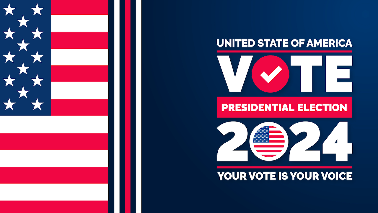 Immagine che promuove le elezioni presidenziali degli Stati Uniti del 2024 con una bandiera stilizzata sulla sinistra. Il testo recita: "Stati Uniti d'America Vota le elezioni presidenziali del 2024. Il tuo voto è la tua voce", accompagnato da un segno di spunta in un cerchio e un numero a tema bandiera.