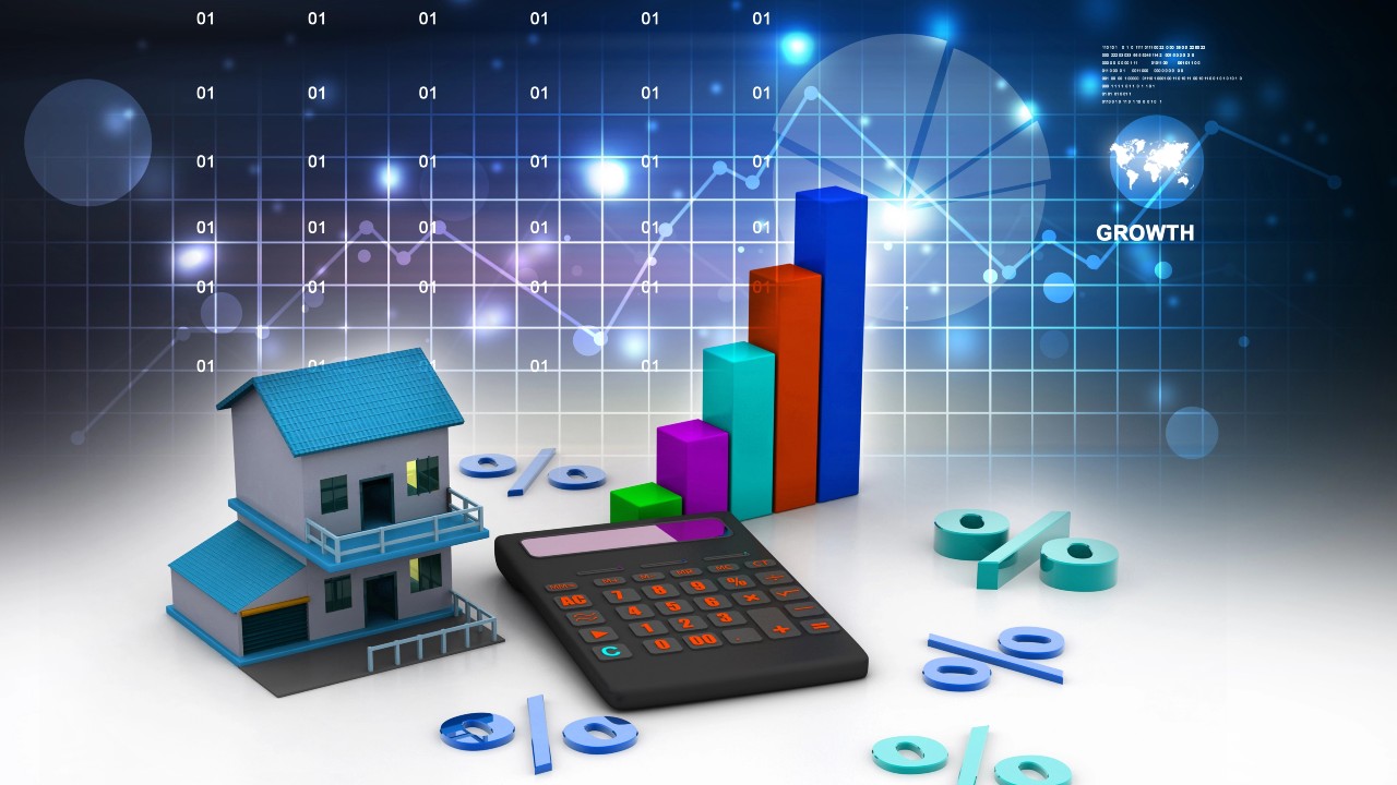Una scena 3D raffigurante un modello di casa, una calcolatrice, grafici a barre colorati e simboli percentuali per illustrare la crescita finanziaria e l'analisi nel settore immobiliare, legato all'articolo "Immobiliare: dove investire nel 2024. Città e prezzi a confronto"