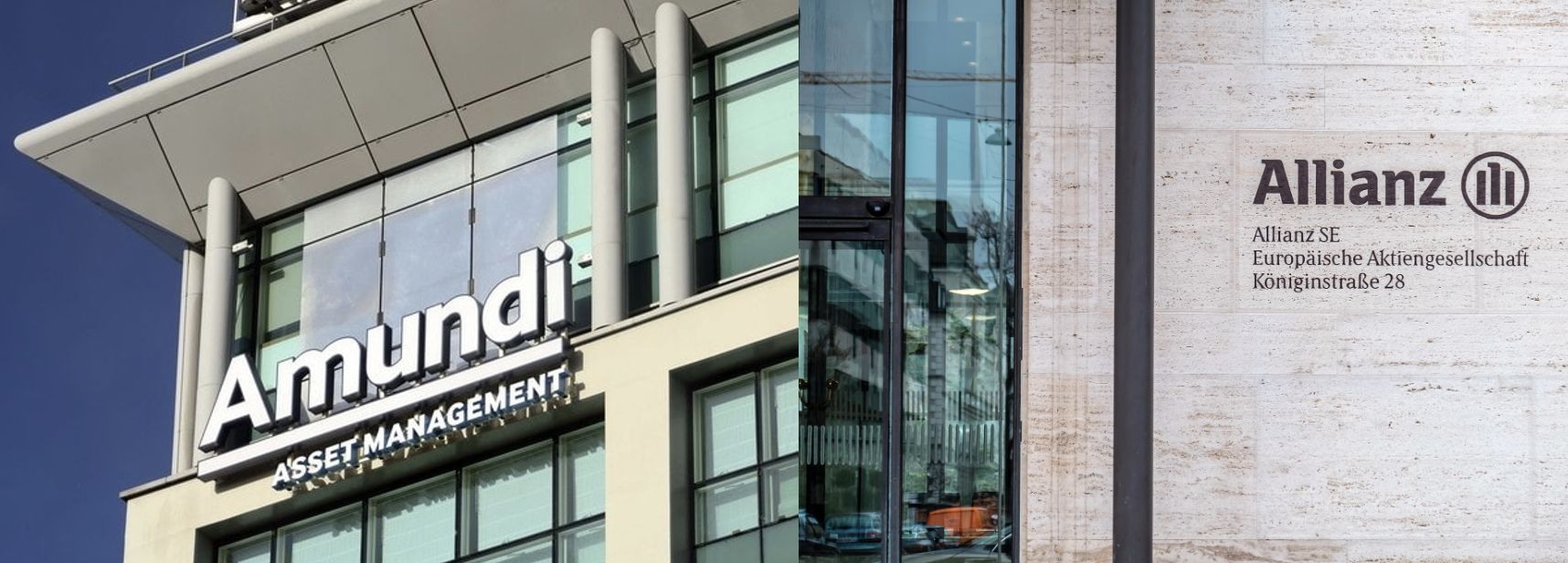 Un edificio moderno con la scritta "Amundi Asset Management" su pannelli di vetro è sulla sinistra. Sulla destra c'è un muro di cemento con il logo e l'indirizzo "Allianz".