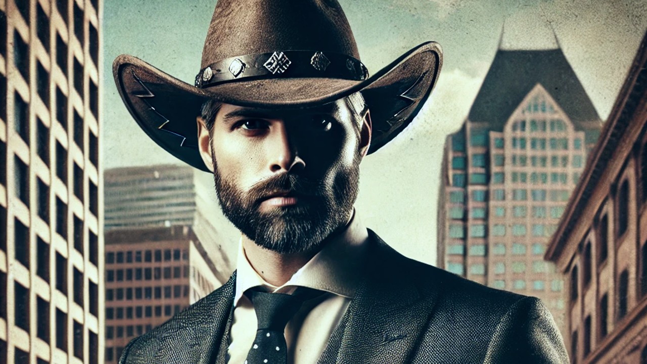 Un uomo con la barba che indossa un cappello da cowboy e un completo è in piedi di fronte a un paesaggio urbano con alti edifici. Il cappello presenta una fascia decorativa e indossa una cravatta a pois. Il cielo è coperto, aggiungendo un effetto drammatico alla scena.