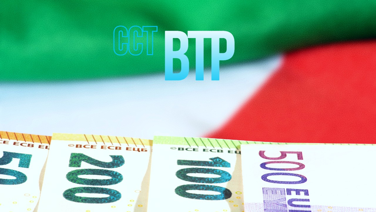 Un primo piano di tre banconote in euro da 200, 100 e 500, su uno sfondo sfocato che ricorda la bandiera italiana. Il testo "CCT BTP" è ben visibile sopra le banconote.