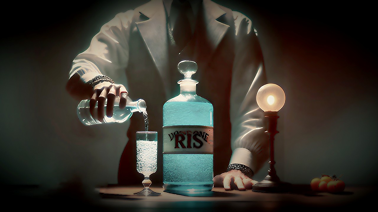 Una persona in giacca e cravatta versa un liquido trasparente da una bottiglia in un bicchiere da una grande bottiglia blu con l'etichetta "Rye" su un tavolo scarsamente illuminato. Sul tavolo sono visibili anche una piccola lampada e delle arance.