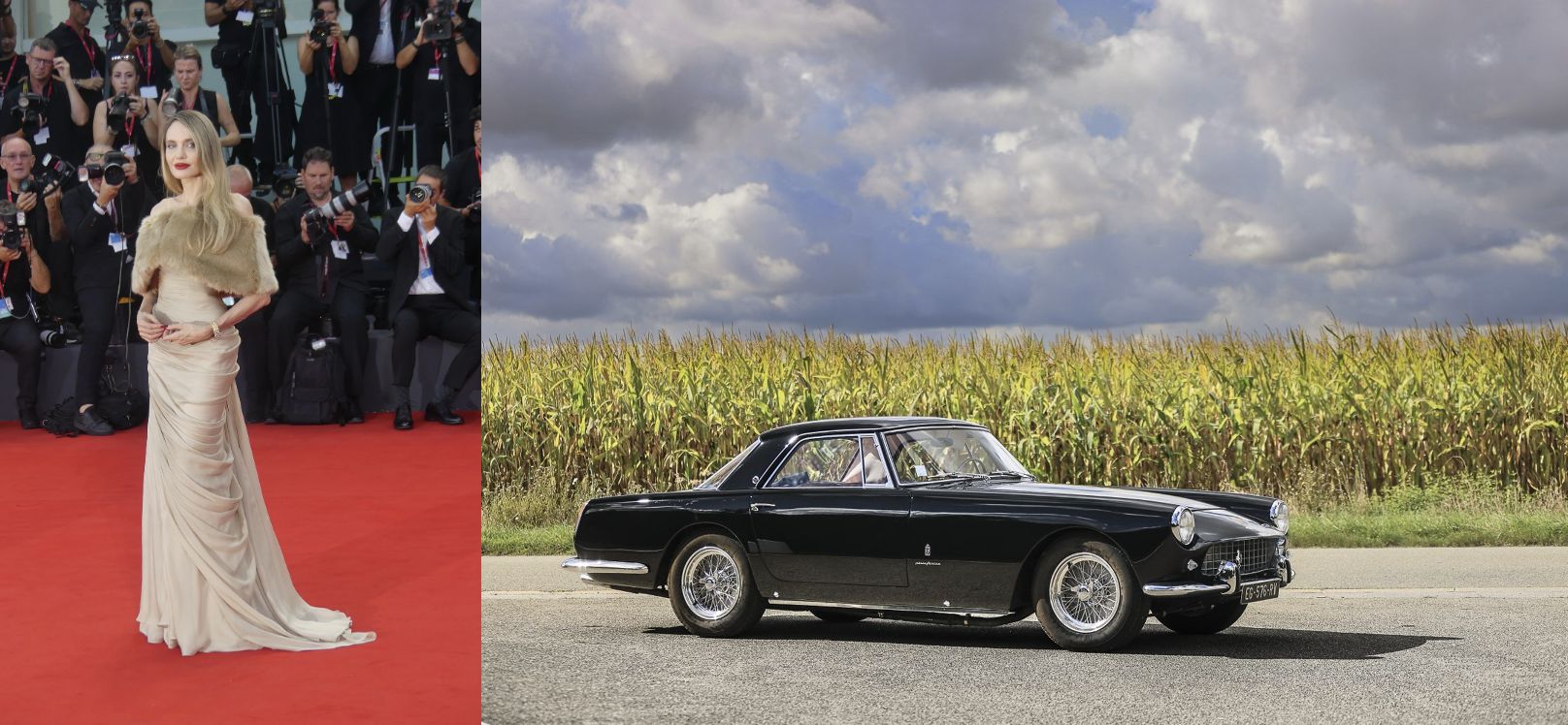 Una donna in un abito glamour, che ricorda lo stile di Angelina Jolie, posa su un red carpet circondata da fotografi. Accanto alla scena, una Ferrari nera d'epoca è parcheggiata su una strada accanto a un campo di mais sotto il cielo nuvoloso.
