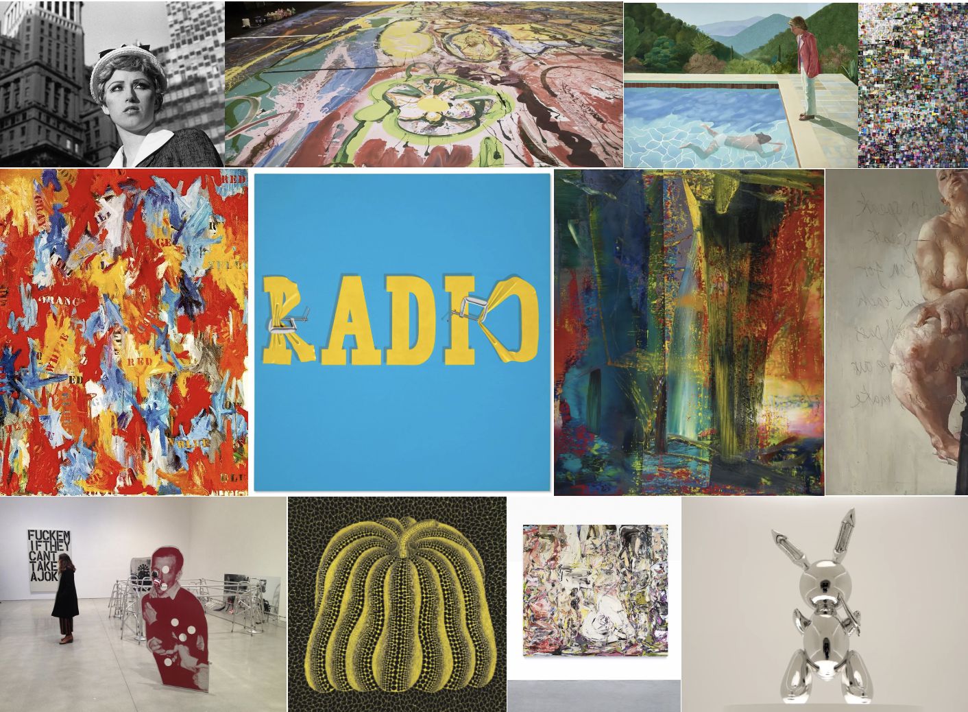 Un collage di varie opere d'arte, tra cui un ritratto in bianco e nero, dipinti astratti, motivi colorati e una scultura di un coniglio argentato e lucido. Ogni opera d'arte ha stili unici e colori vivaci.