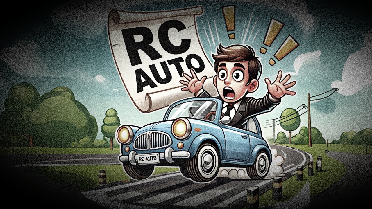 Fumetto di un uomo sorpreso alla guida di una piccola auto blu, con un grande documento "RC Auto" che vola sopra la sua testa. Si trova su una strada tortuosa con alberi e linee elettriche sullo sfondo. L'uomo ha gli occhi spalancati e la bocca aperta per lo shock o la preoccupazione.