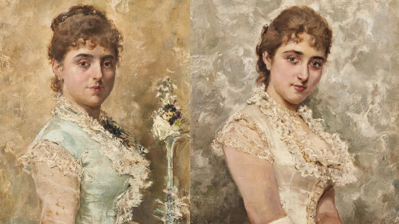 Due ritratti della stessa donna uno accanto all'altro, che indossa abiti elaborati con dettagli in pizzo. Ha i capelli scuri raccolti e guarda dolcemente l'osservatore. L'abito di sinistra è azzurro pallido, quello di destra è color crema. Lo sfondo è strutturato e smorzato.