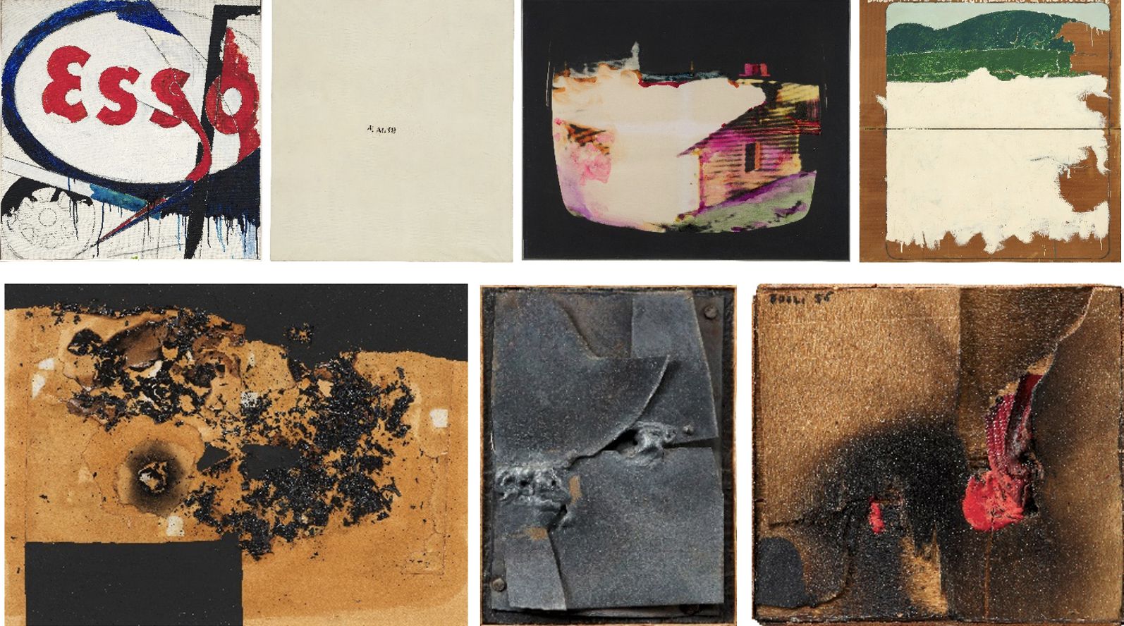 Un collage di sette dipinti astratti, ognuno unico nello stile e nella consistenza, che ricorda l'arte italiana. Include spruzzi di rosso, bianco, verde e nero, con vari materiali come superfici bruciate ed elementi strappati che creano una texture visiva degna di Sotheby's.