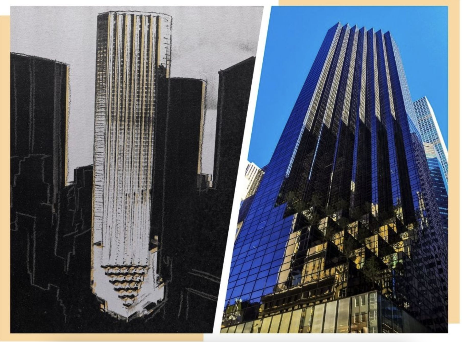 Trump Tower opera di Andy Warhol Un'immagine divisa che mostra uno schizzo architettonico in bianco e nero di un alto grattacielo rettangolare sulla sinistra e una foto dello stesso moderno grattacielo in vetro che riflette il cielo e gli edifici vicini sulla destra.