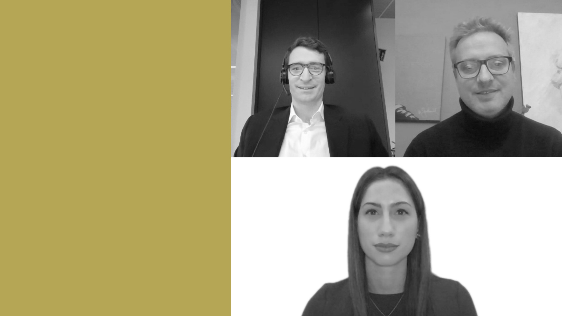 Un'immagine in bianco e nero che mostra Alberto Gesualdi e Giacomo Bergamo di Ver Capital Sgr e Rita Annunziata, giornalista di We Wealth, in una videoconferenza. Gli uomini sono nella fila in alto, uno indossa cuffie e occhiali, l'altro ha occhiali e un dolcevita. La donna, sotto di loro, ha i capelli lunghi. Il lato sinistro è di un solido color senape.