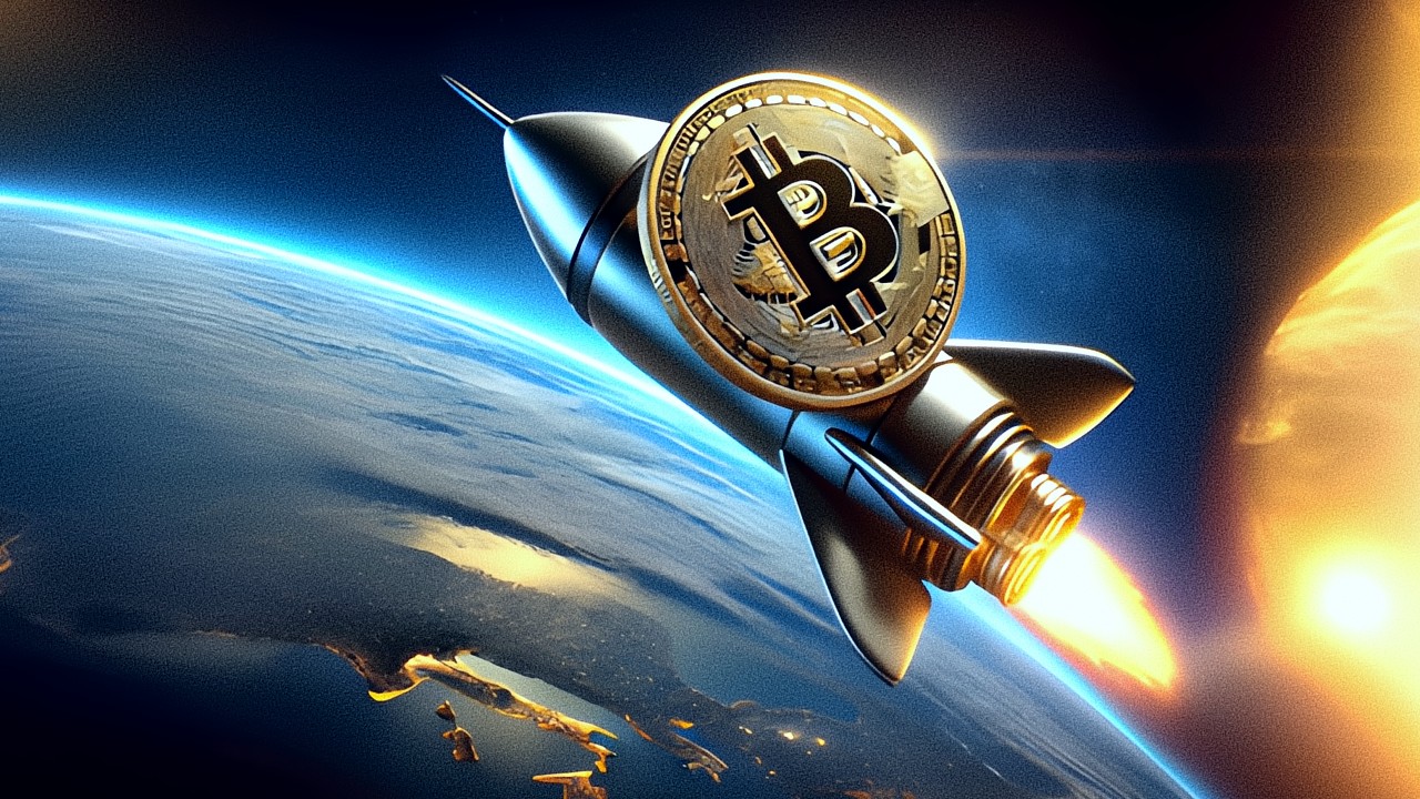 Un razzo stilizzato con il simbolo di Bitcoin viene lanciato nello spazio, con la Terra e il sole sullo sfondo, a simboleggiare l'ascesa o il viaggio di Bitcoin.