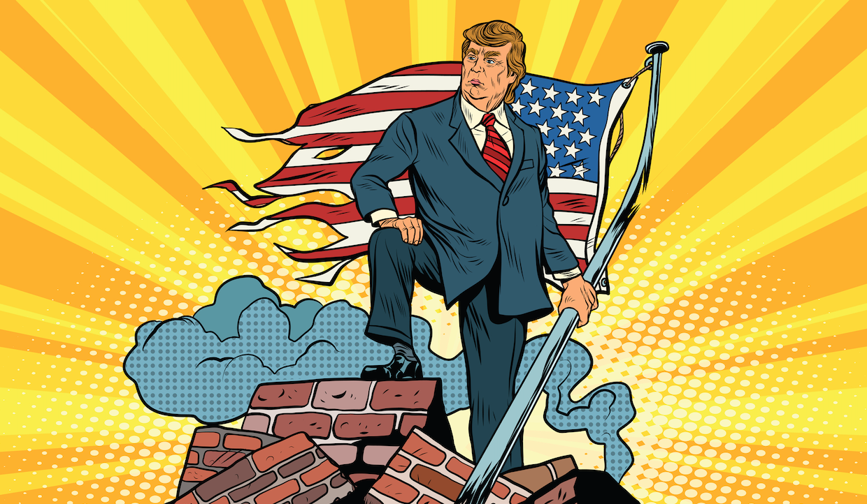 Un personaggio dei fumetti raffigurante Donald Trump in giacca e cravatta è in piedi in cima a una pila di mattoni, mentre regge un palo con una bandiera americana a brandelli. Lo sfondo presenta raggi di sole stilizzati e nuvole, che esaltano la scena drammatica.