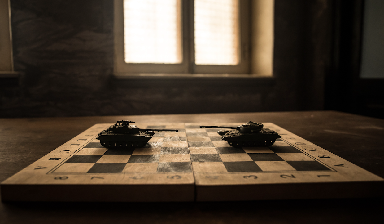 Due carri armati in miniatura sono posizionati su una scacchiera posta su un tavolo di legno in una stanza scarsamente illuminata. La finestra sullo sfondo filtra una luce soffusa sulla scena, creando un'atmosfera drammatica.