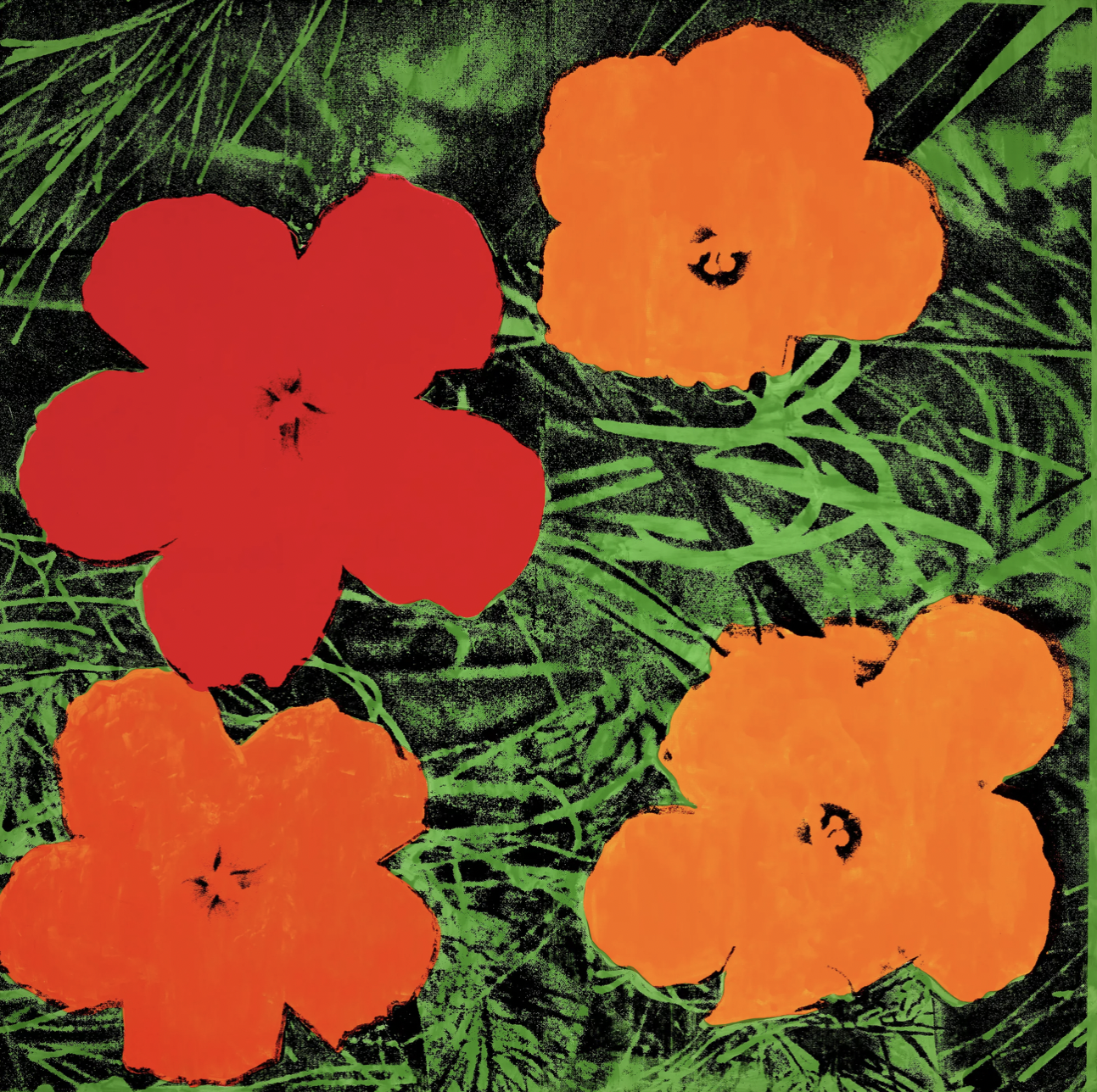 Immagine di quattro fiori vivaci, due rossi e due arancioni, su uno sfondo verde scuro e nero. I fiori appaiono audaci e stilizzati, spiccando come opere d'arte costose sullo sfondo intricato e frondoso.