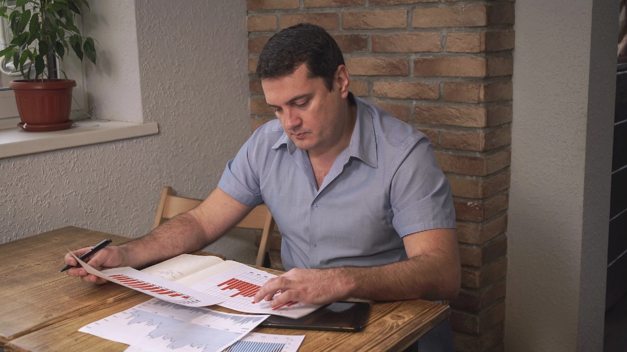 Una persona con una camicia blu è seduta a un tavolo di legno, mentre esamina documenti con grafici. Una pianta in vaso è sul davanzale della finestra lì vicino. Sullo sfondo c'è un muro di mattoni. La persona sembra concentrata e sta usando una penna.