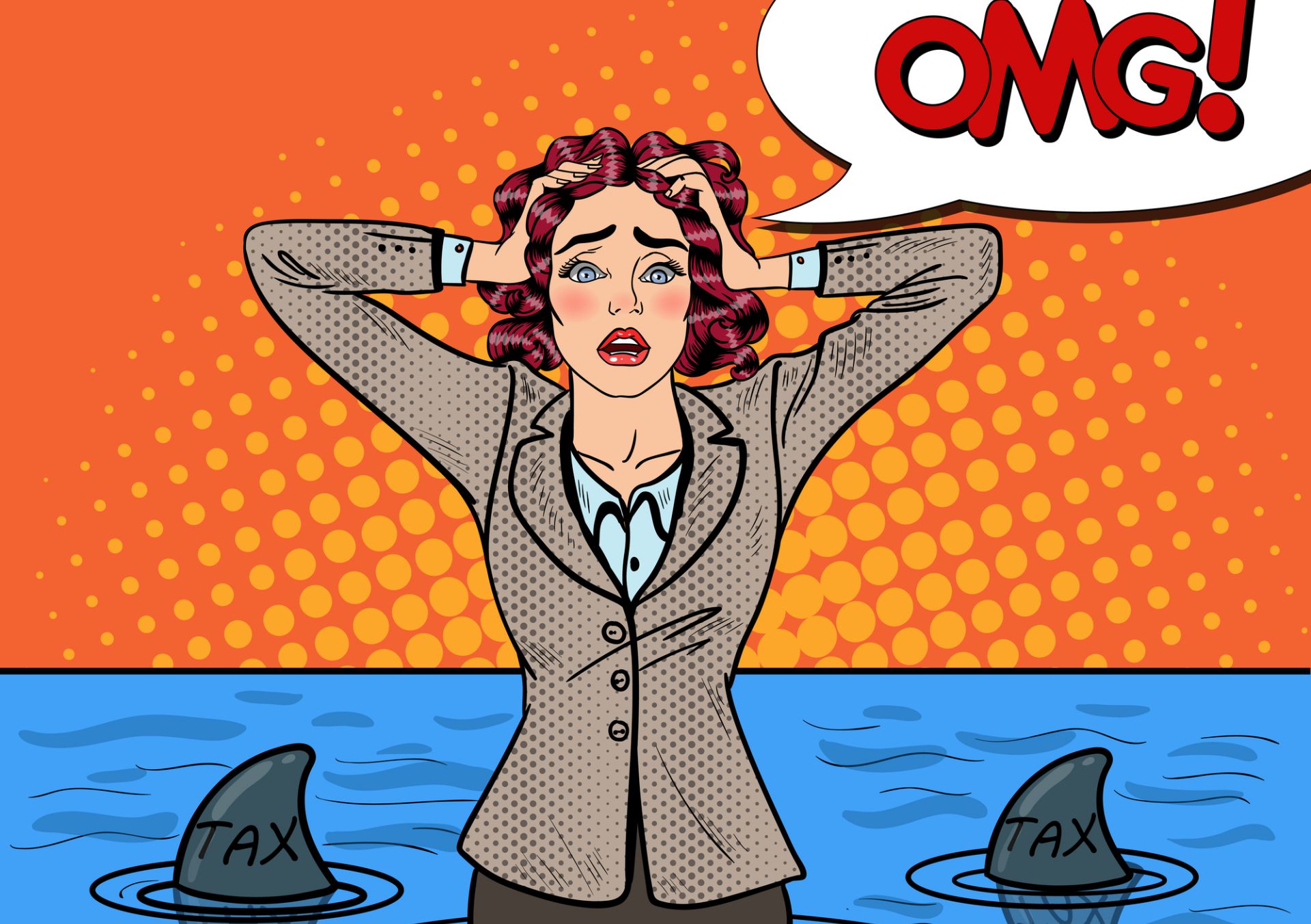 Una donna con i capelli ricci in tailleur si tiene la testa in preda all'angoscia, esclamando "OMG!" mentre due pinne di squalo con la scritta "TAX" la circondano. È una scena drammatica su uno sfondo punteggiato di arancione, che cattura la natura implacabile delle sfide finanziarie dell'operetta.