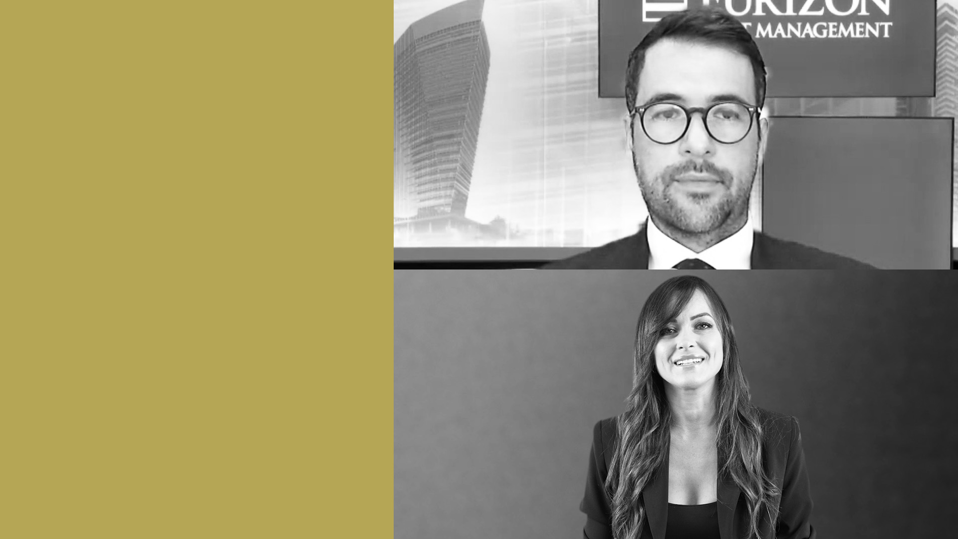Immagine a schermo diviso: in alto è raffigurato un uomo con gli occhiali e un abito, sullo sfondo un edificio con la scritta "HORIZON MANAGEMENT". In basso è raffigurata una donna sorridente, che indossa un blazer, su uno sfondo semplice.