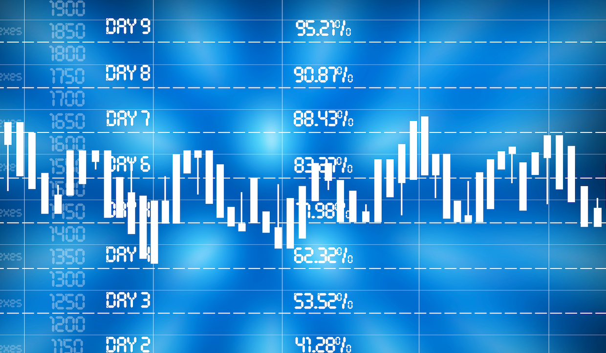 Un grafico finanziario blu con barre bianche fluttuanti che rappresentano i dati di nove giorni, etichettati dal giorno 1 al giorno 9. Le percentuali che vanno dal 42,28% al 95,22% sono visualizzate a fianco. Lo sfondo presenta un motivo a griglia sfocato.