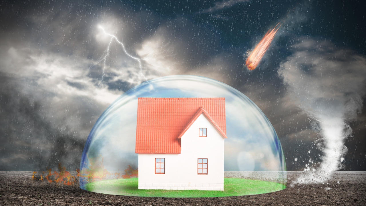 Una piccola casa con un tetto rosso è protetta da una cupola trasparente. Fuori, si verificano vari disastri naturali: fulmini, un meteorite, un incendio e un tornado, il tutto sotto un cielo scuro e tempestoso. All'interno, la casa rimane al sicuro su un pezzo di erba verde.