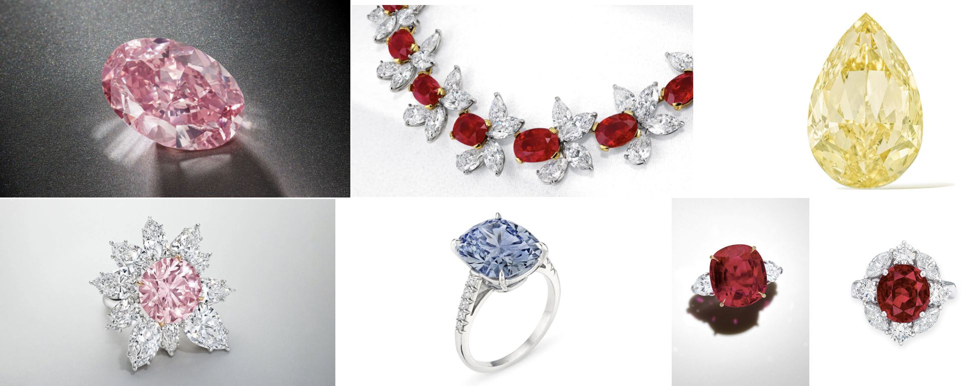Un collage di gioielli di lusso: una collana con diamanti rosa, pietre rosse e bianche, un diamante giallo a forma di pera, un anello con diamanti rosa a forma di fiore, un anello con diamanti blu, un anello con diamanti rossi e una grande spilla con diamanti rossi e accenti bianchi.