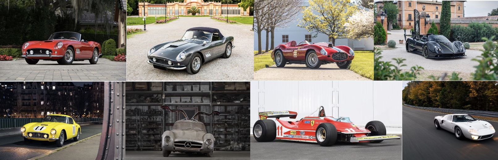 Una collezione di auto classiche e d'epoca, tra cui una decappottabile rossa e una coupé argentata, risplende con design distintivi contro una vegetazione lussureggiante e un'architettura. Tra queste auto classiche c'è la rara gemma del 2024, un mix di fascino moderno ed eleganza senza tempo.