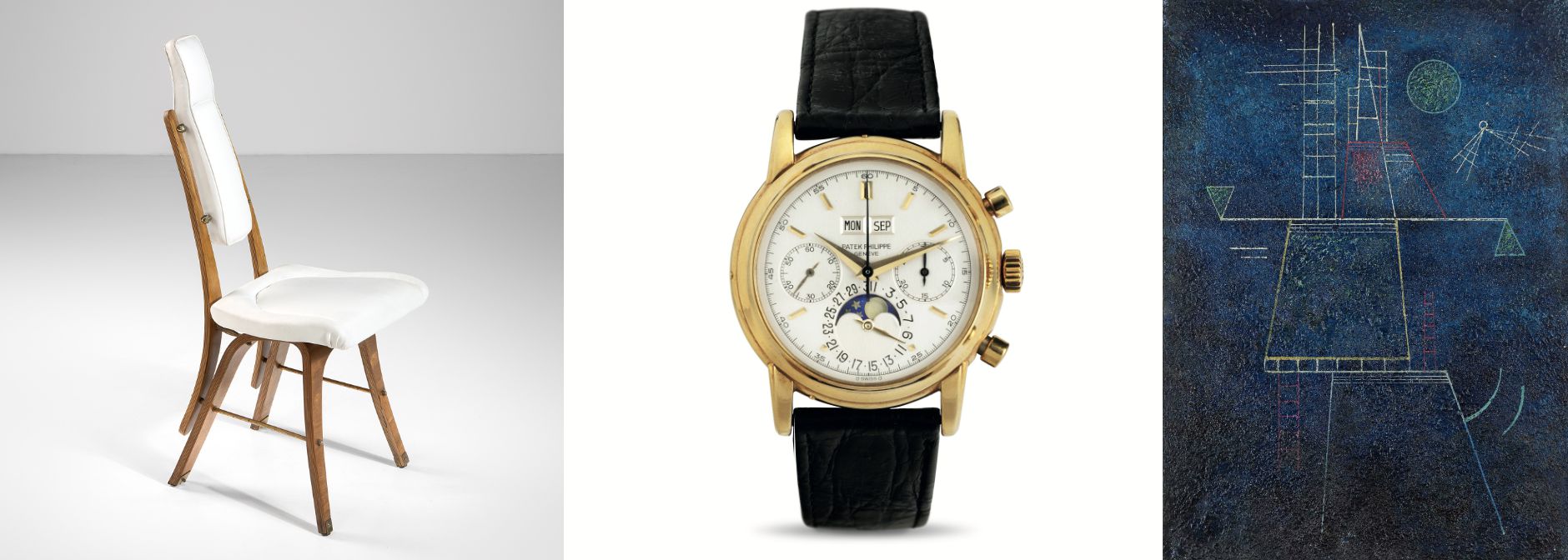 Un collage di tre oggetti: una sedia bianca imbottita con struttura in legno, un orologio da polso dorato con cinturino in pelle nera e un'opera d'arte astratta con forme geometriche su sfondo blu.