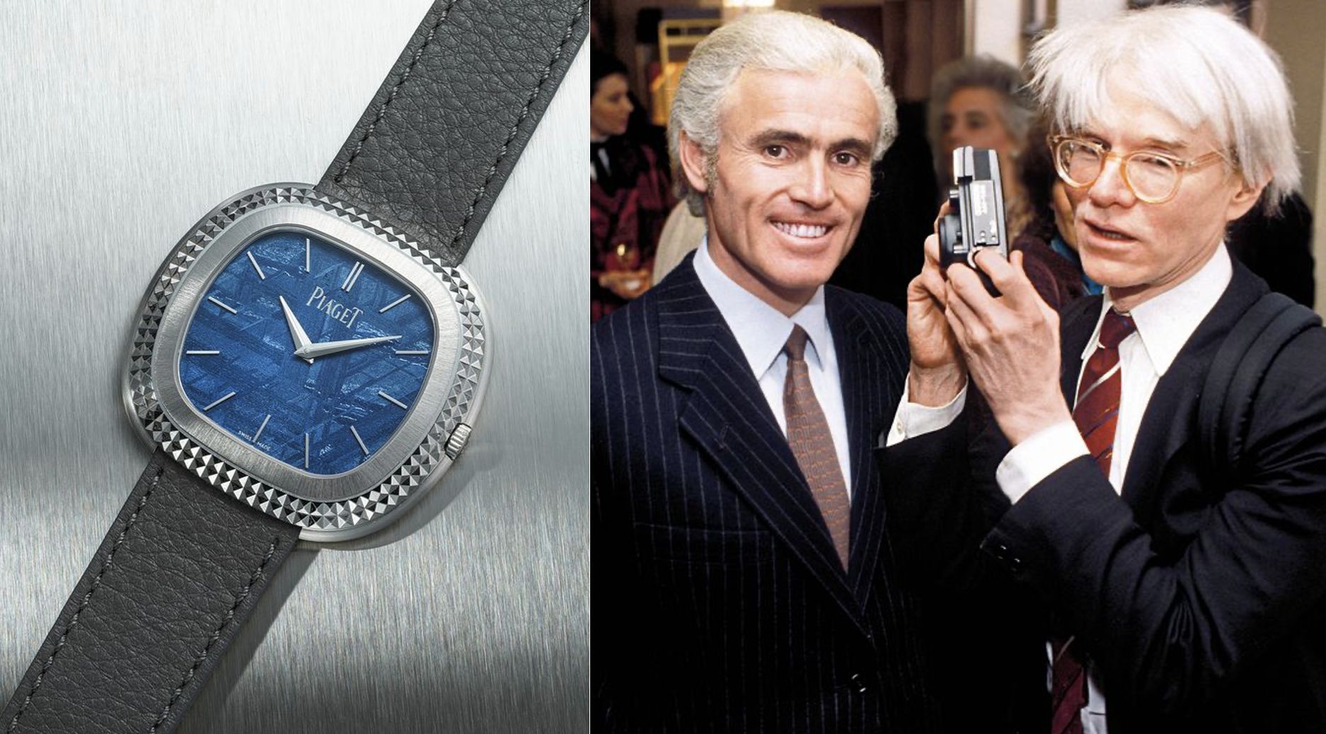 Un orologio di lusso con quadrante blu e cassa quadrata argentata è su una superficie grigia. A destra, due uomini in giacca e cravatta, tra cui uno con i capelli bianchi e gli occhiali, posano per una foto. L'uomo con gli occhiali tiene una macchina fotografica verso l'osservatore.