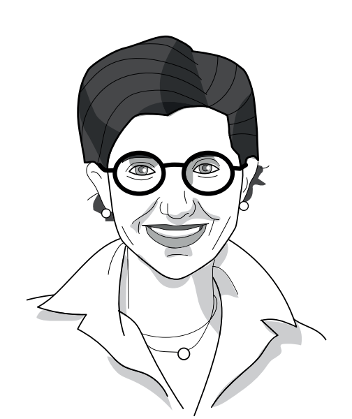 Illustrazione in bianco e nero di Samanta Lombardi che indossa occhiali rotondi e una camicia con colletto. Ha i capelli corti e acconciati e sorride.