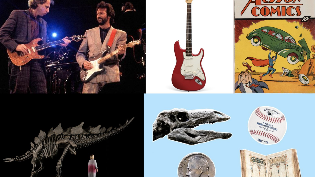 Un collage con musicisti con chitarre, una chitarra elettrica rossa e una copertina di un fumetto d'epoca cattura l'essenza di mercato. Scheletri di dinosauri e una palla da baseball contrastano con il cranio fossilizzato dettagliato, mentre una moneta da dieci centesimi poggia su un vecchio libro, evidenziando l'arte tra gli artefatti della vita.
