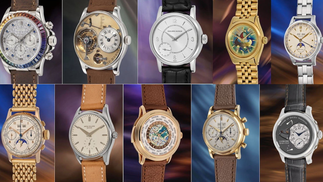 Una collezione di dieci orologi di lusso disposti su due file. Ogni orologio presenta un design unico, con vari colori del quadrante, materiali del cinturino e complicazioni. Alcuni orologi hanno cinturini in pelle, mentre altri hanno bracciali in metallo nei toni dell'oro e dell'argento.