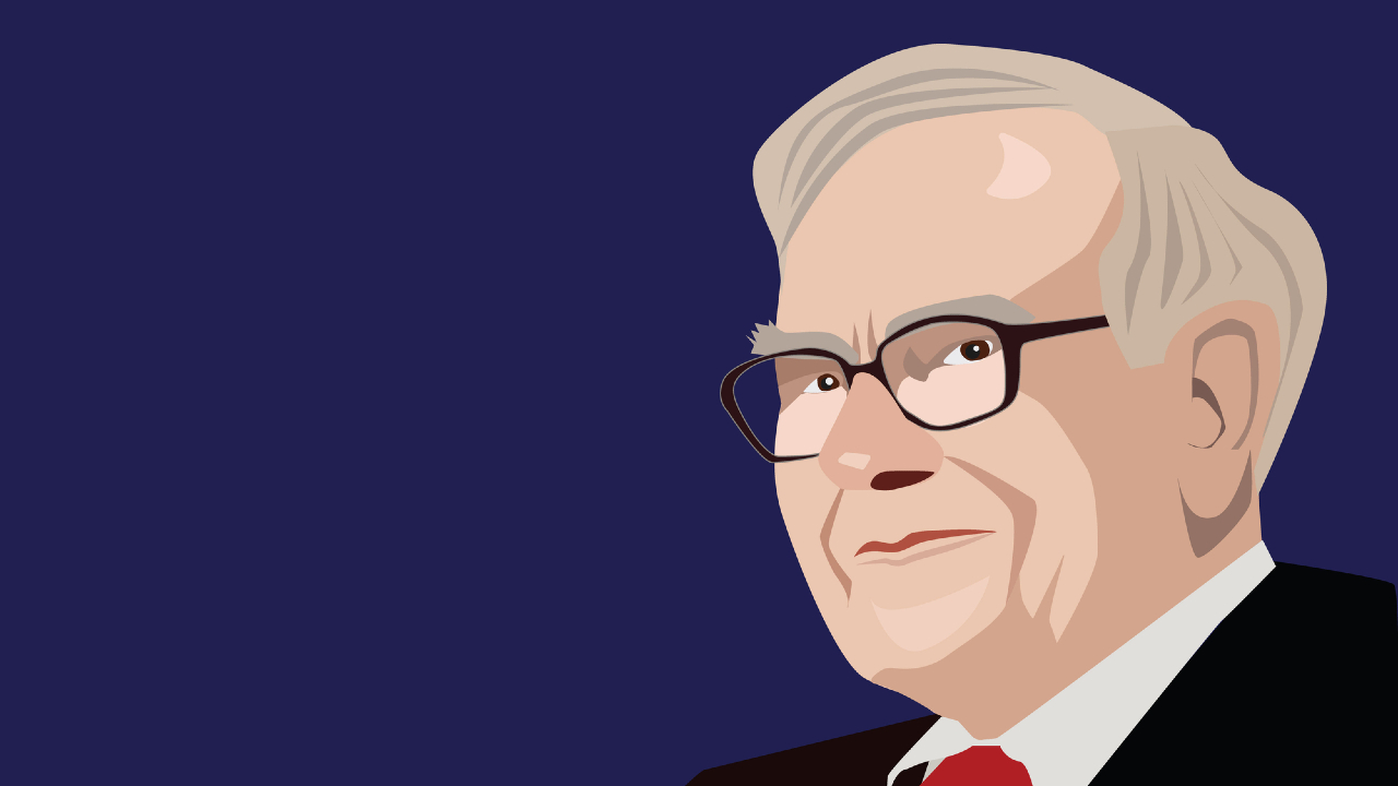 Illustrazione di un uomo anziano con gli occhiali, che ricorda Buffett, in abito scuro e cravatta rossa su uno sfondo blu intenso. I suoi capelli corti e chiari sono pettinati con cura.