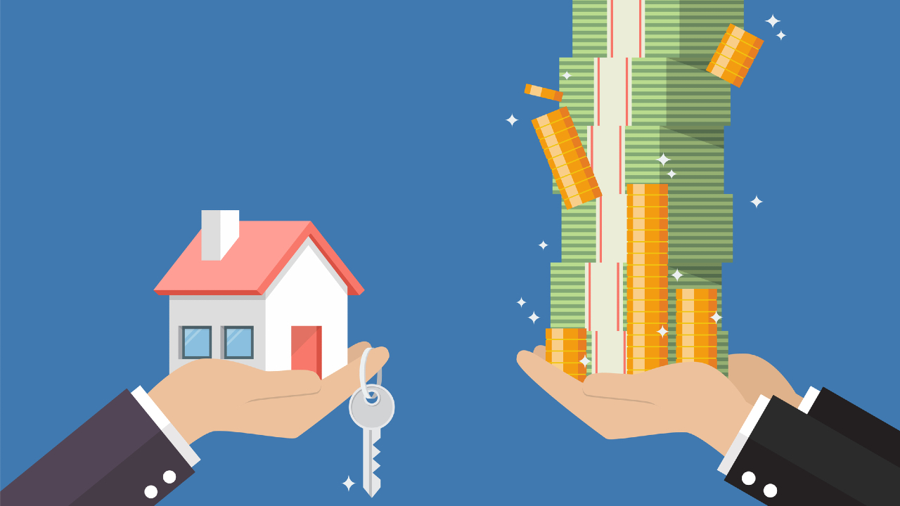 Illustrazione di una mano che tiene una piccola casa e una chiave, di fronte a un'altra mano con una grande pila di contanti, monete d'oro e la parola "mutuo". Lo sfondo blu simboleggia un mutuo o un investimento.