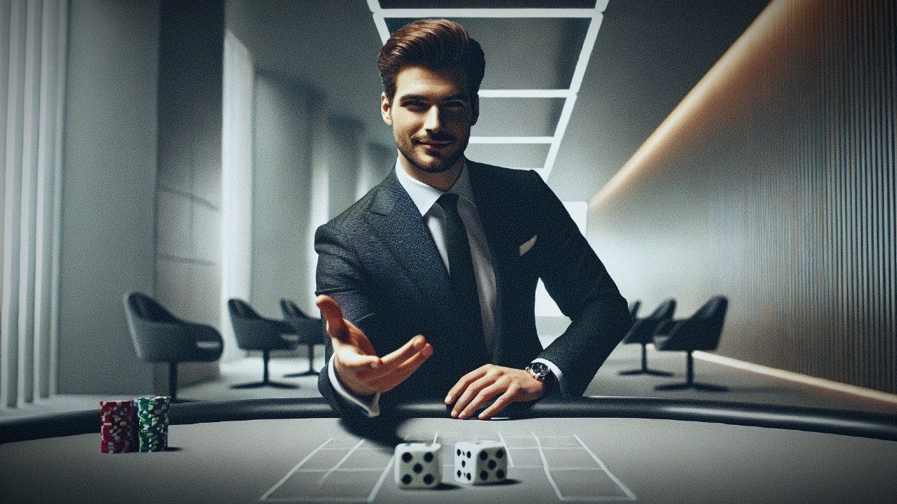 Un uomo in giacca e cravatta sorride e lancia i dadi su un tavolo in una stanza moderna ed elegante. Accanto a lui sono impilate delle fiches da poker e la stanza è dotata di sedie moderne e illuminazione geometrica.