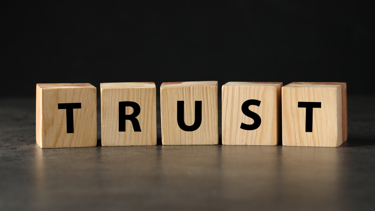 Blocchi di legno su una superficie scura formano la parola "trust".